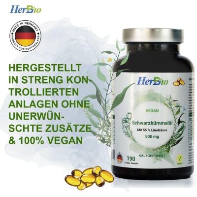 HerbBio - Schwarzkümmelöl 500mg Vegan 190 Kapseln